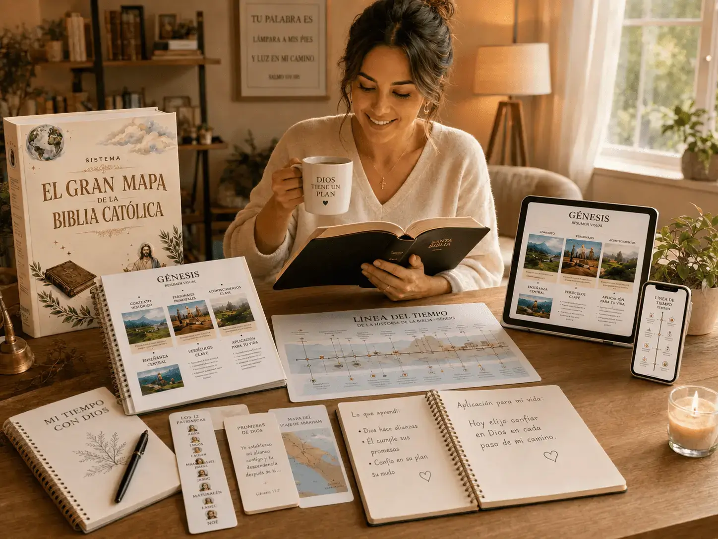 Familia católica comprendiendo la Biblia con el Gran Mapa de la Biblia Católica