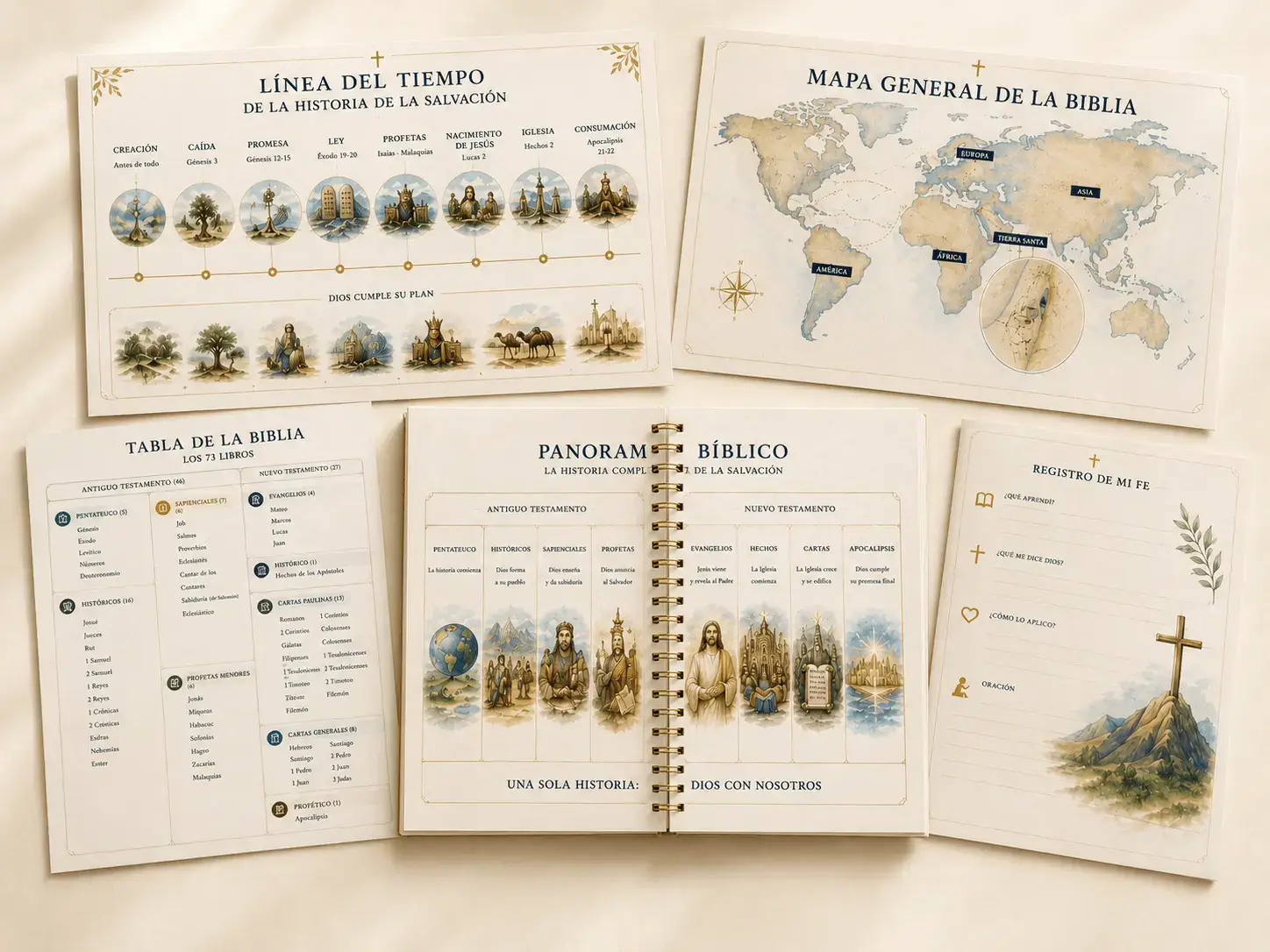 Línea del tiempo, mapa general, tabla de la Biblia y registro de fe