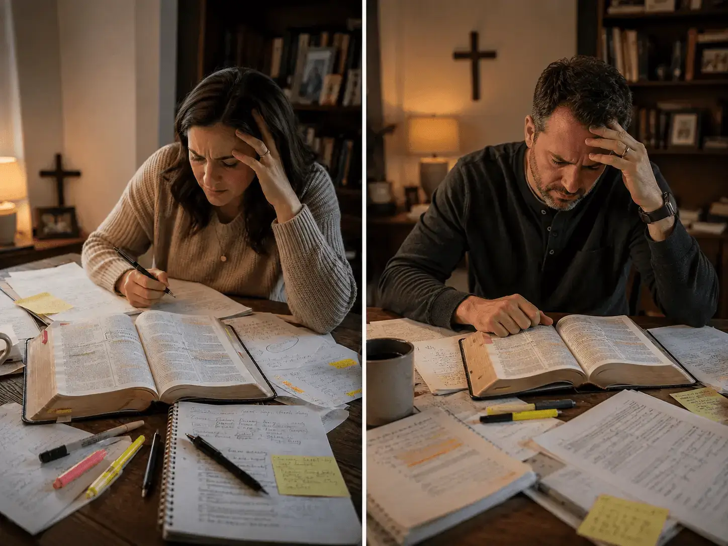 Familia confundida intentando entender la Biblia sin una guía visual